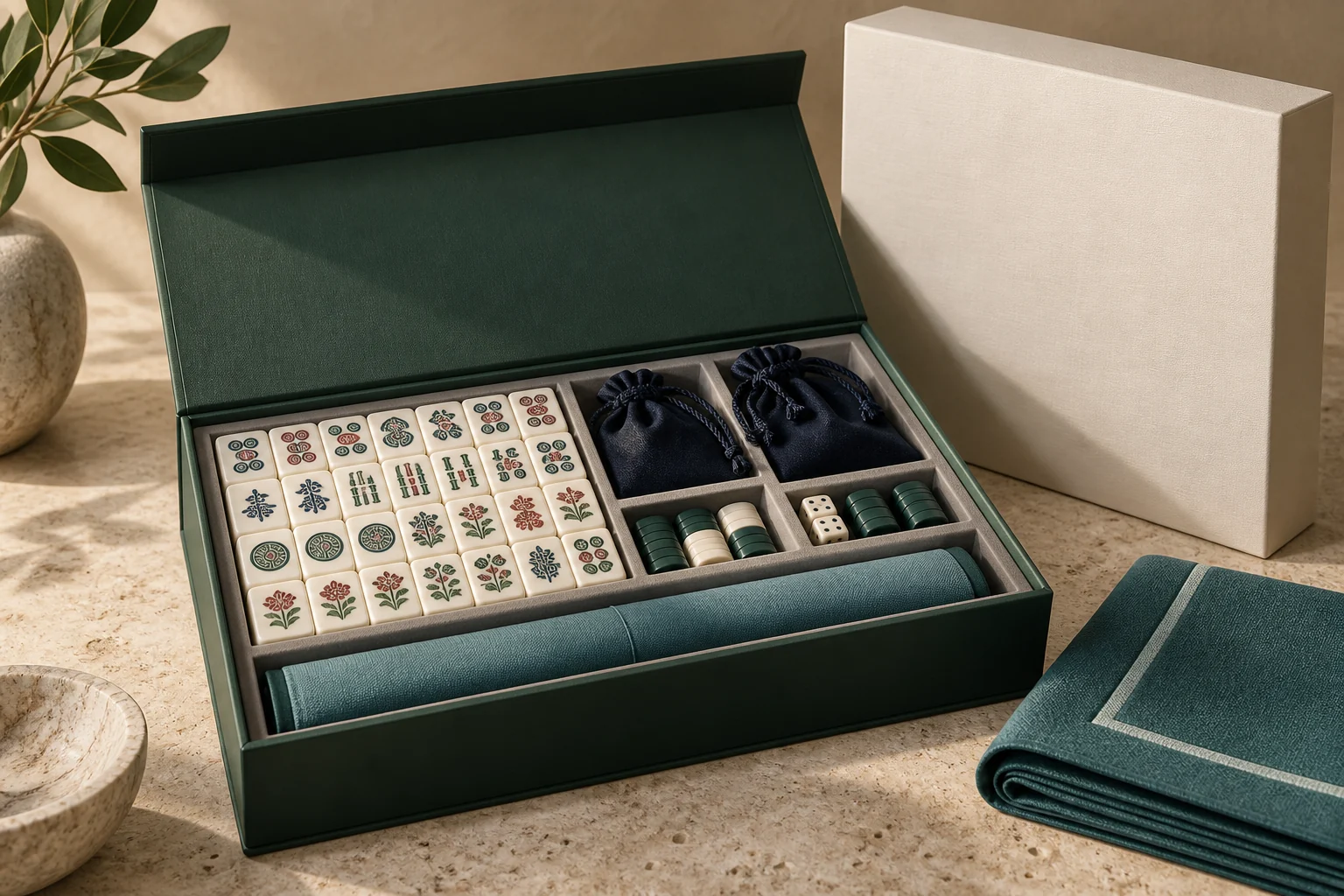 Private Label Mahjong Sets with coordinated mahjong accessories
