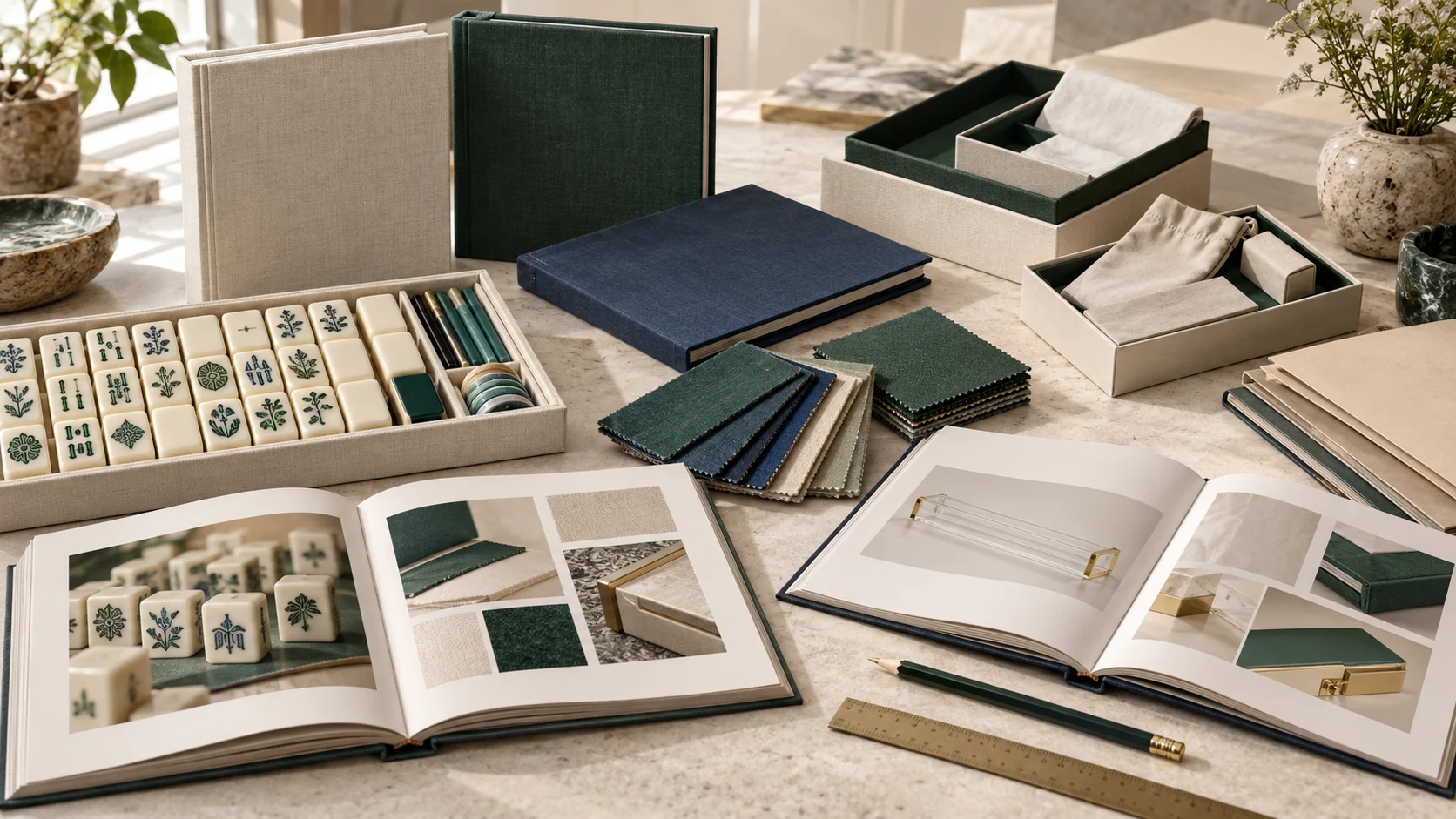 Mahjong product guides, samples and specification materials arranged as a resource library